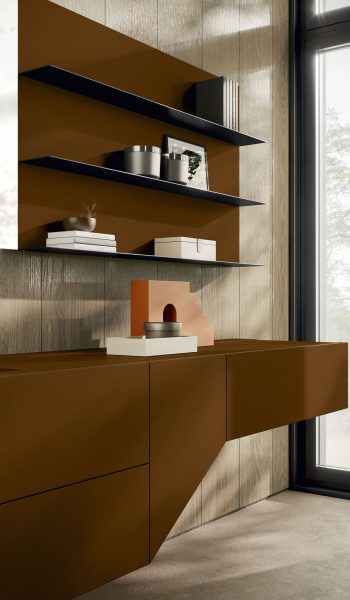 Mobile bagno Corteccia opaco con profilo nero e top in Mineral Tech